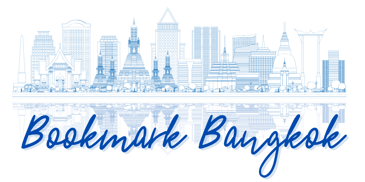 Illustration of the Bangkok city skyline reflected in the river, with the website title, "Bookmark Bangkok", in cursive-style script