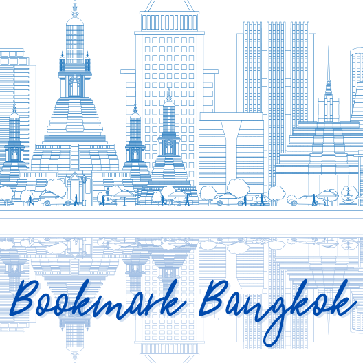 Illustration of the Bangkok city skyline reflected in the river, with the website title, "Bookmark Bangkok", in cursive-style script