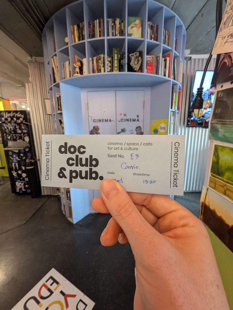 A movie ticket for doc pub and club