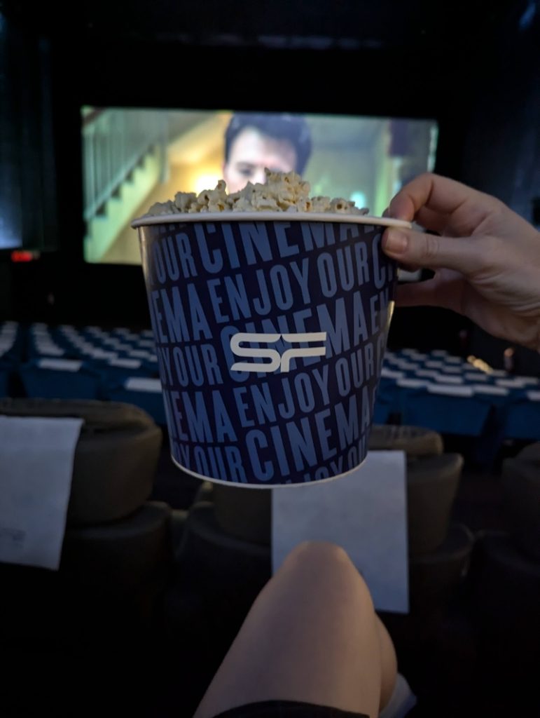 A bucket of popcorn at an SF movie theater in Bangkok