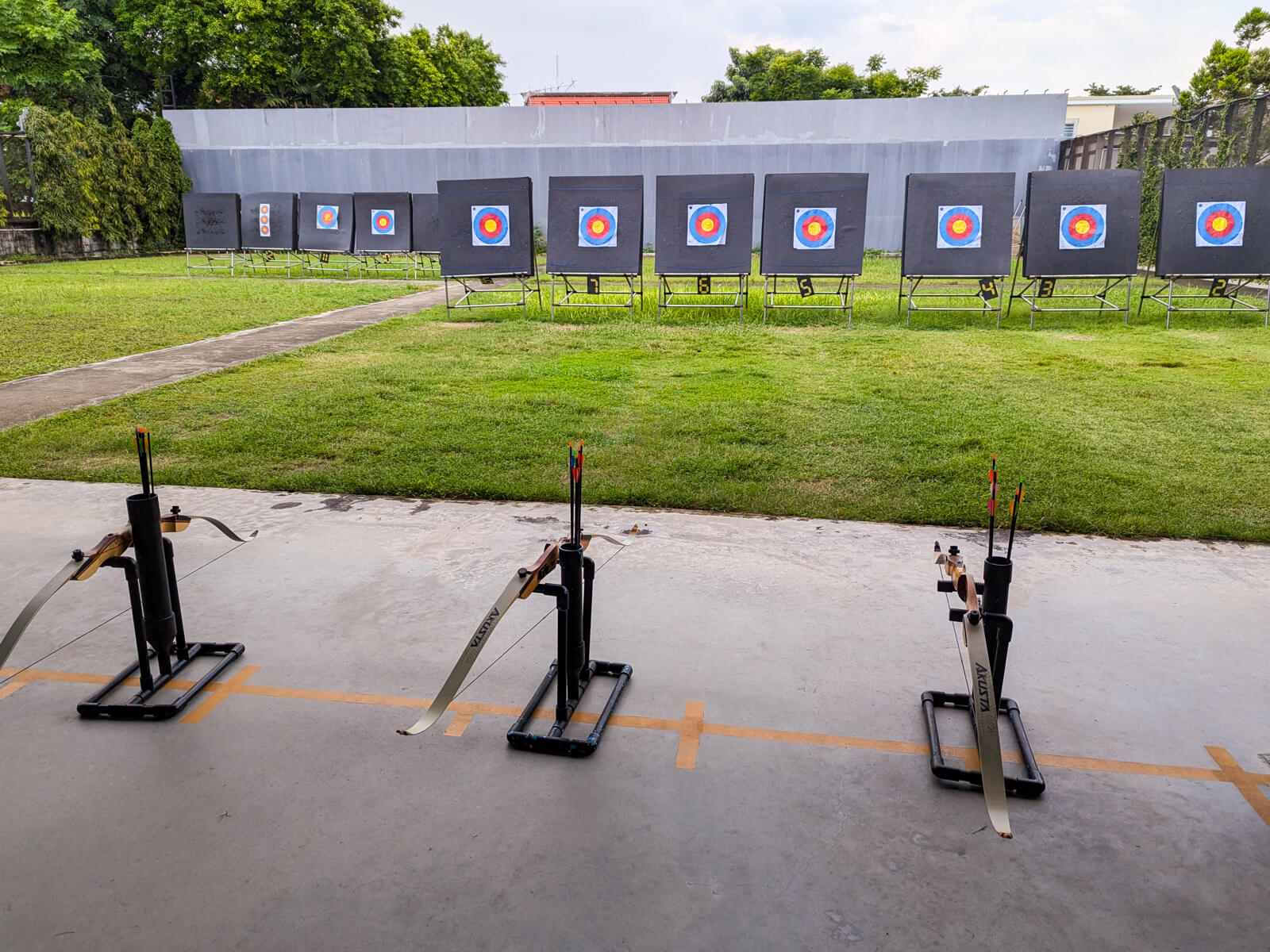 Archery range in Bangkok with the bows and arrows ready for practice