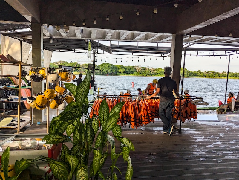 Taco Lake aquatic park lifevests and helmets at the entrance
