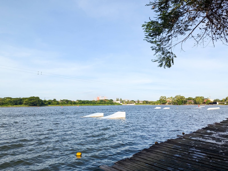 Ramps at Taco Lake wakeboarding park during the late afternoon