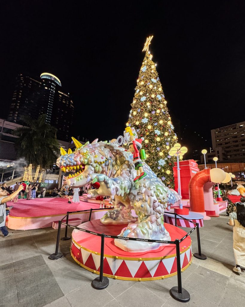 Christmas decorations in Bangkok, including a dragon and a Christmas tree
