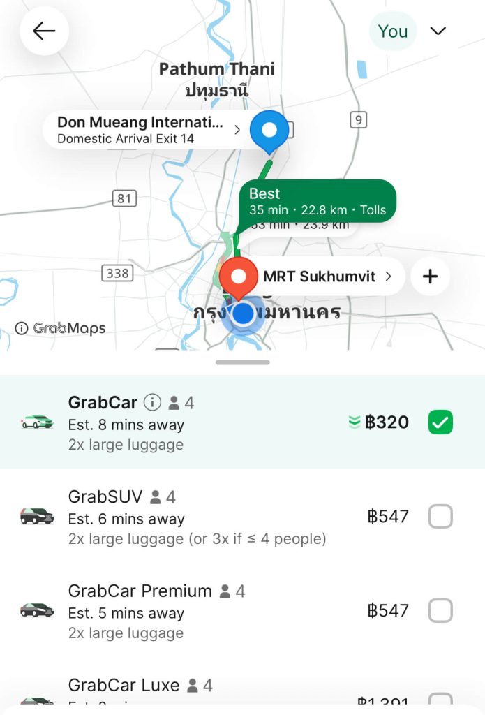 Screenshot of the price of a taxi to MRT Sukhumvit from DMK Airport