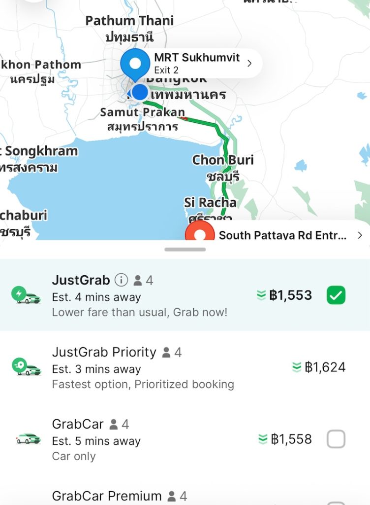 A grab map showing how much it costs to take a grab from Sukhumvit area to Pattaya Walking Street