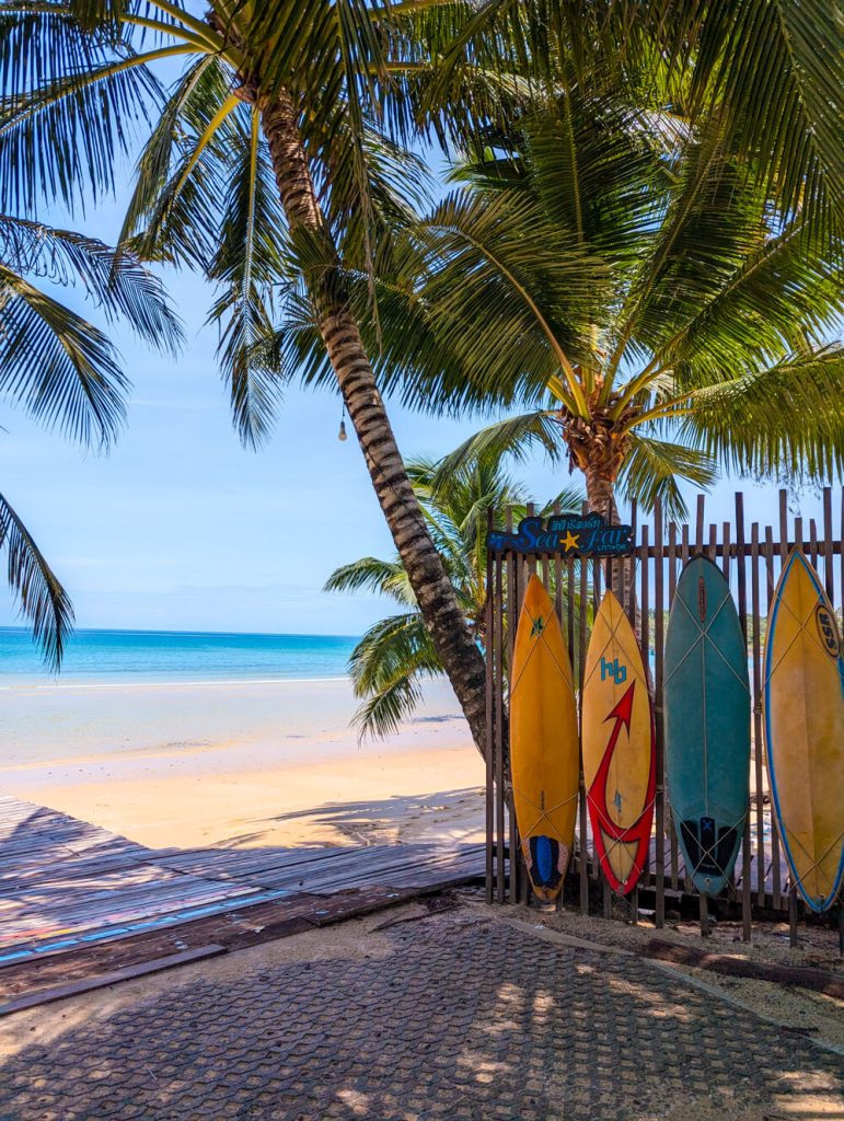 Surfboards on the beach at Koh Kood Ao Taphao beach